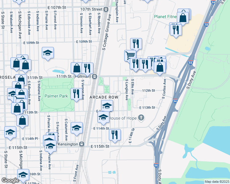 map of restaurants, bars, coffee shops, grocery stores, and more near 618 East 112th Street in Chicago