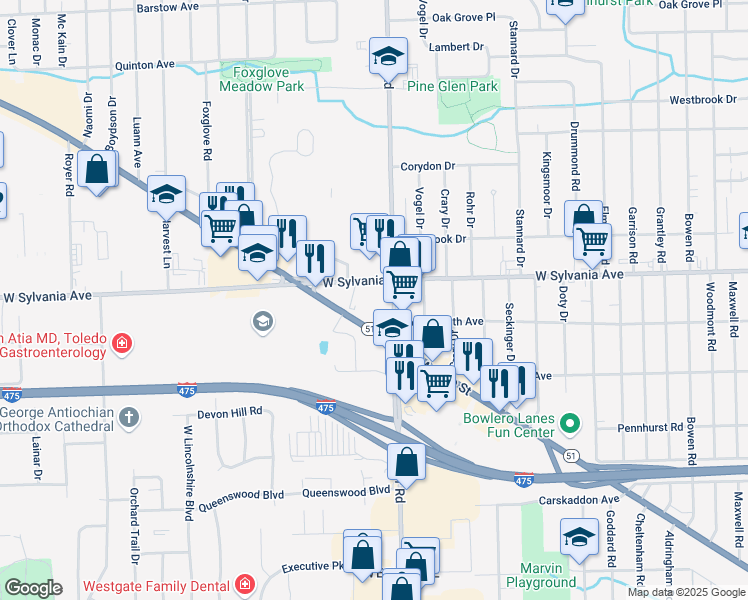 map of restaurants, bars, coffee shops, grocery stores, and more near 3923 Secor Rd in Toledo