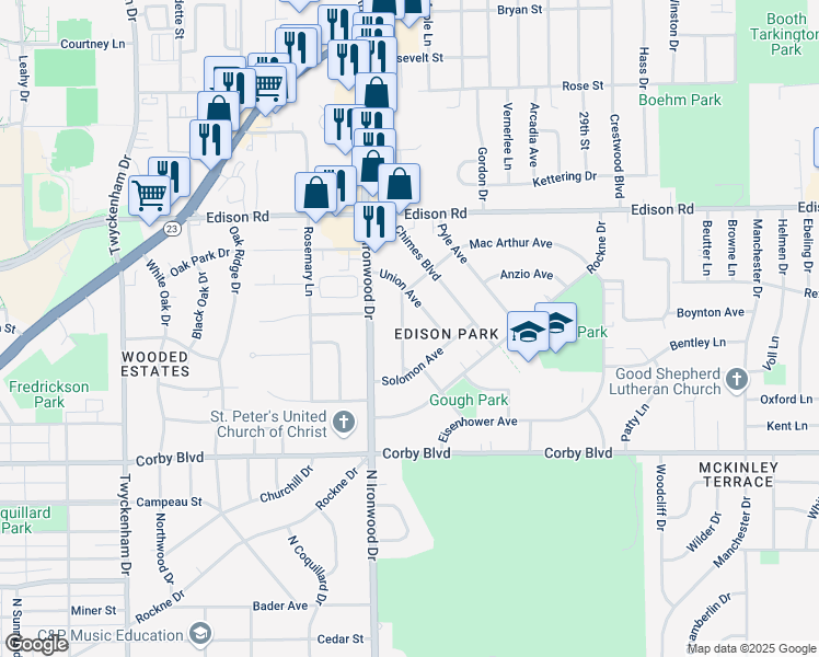 map of restaurants, bars, coffee shops, grocery stores, and more near 1150 Congress Avenue in South Bend