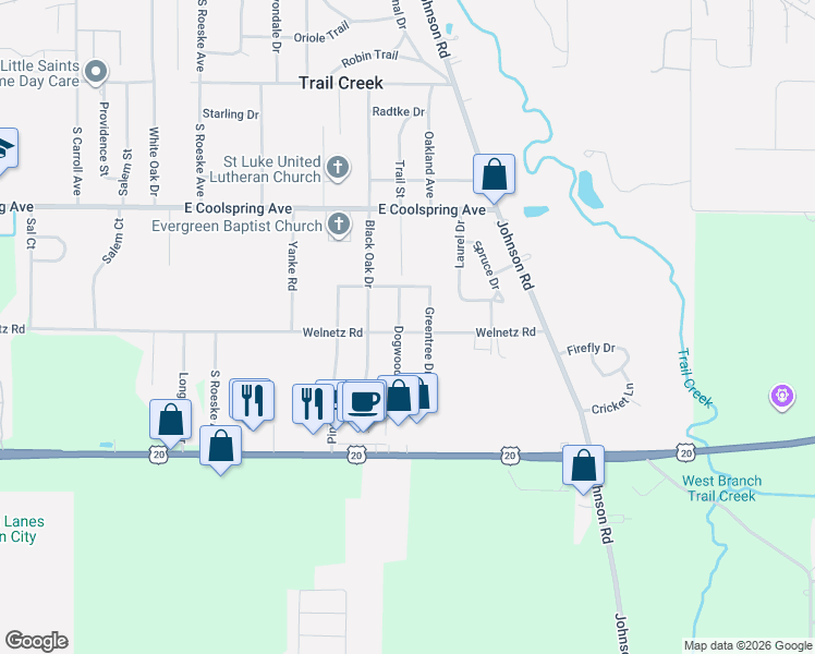 map of restaurants, bars, coffee shops, grocery stores, and more near 2031-2099 Welnetz Rd in Trail Creek
