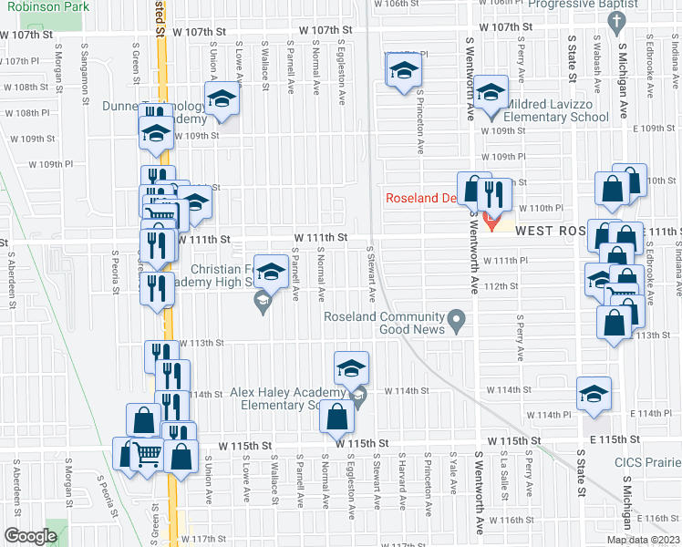 map of restaurants, bars, coffee shops, grocery stores, and more near 11142 South Eggleston Avenue in Chicago