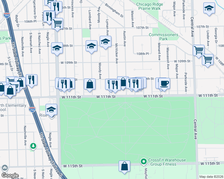 map of restaurants, bars, coffee shops, grocery stores, and more near 11031 Lyman Avenue in Chicago Ridge