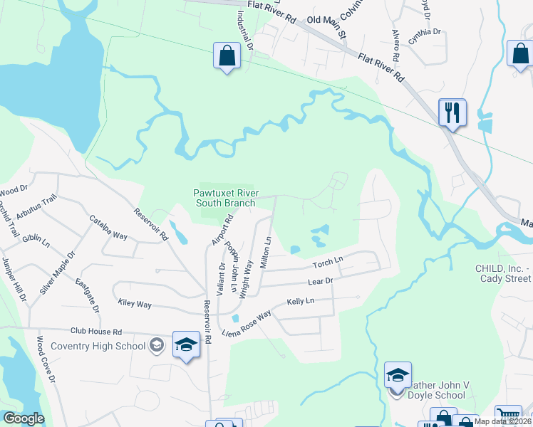 map of restaurants, bars, coffee shops, grocery stores, and more near 89 Wright Way in Coventry