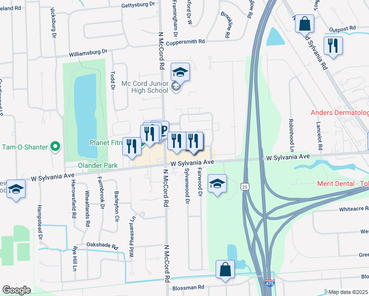 map of restaurants, bars, coffee shops, grocery stores, and more near 4001 New Castle Drive in Sylvania