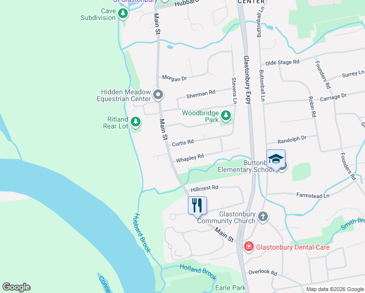 map of restaurants, bars, coffee shops, grocery stores, and more near 16 Curtis Road in Glastonbury