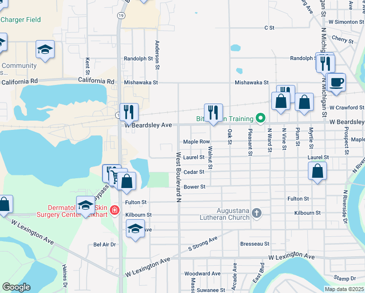 map of restaurants, bars, coffee shops, grocery stores, and more near 1517 Maple Row in Elkhart