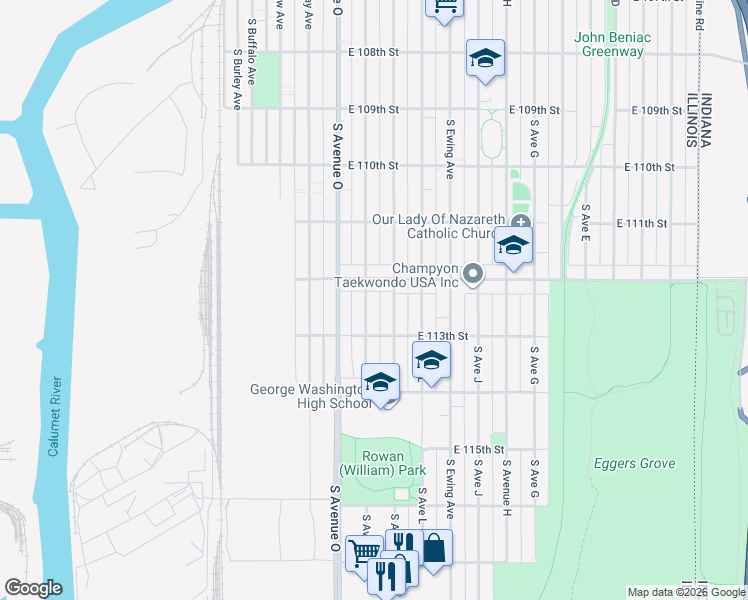 map of restaurants, bars, coffee shops, grocery stores, and more near 11227 South Avenue North in Chicago