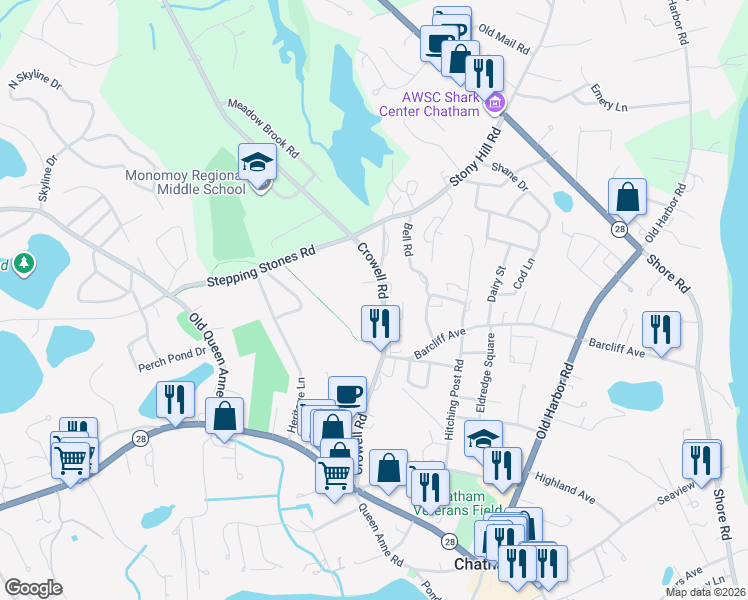 map of restaurants, bars, coffee shops, grocery stores, and more near 3 Captains Row East in Chatham