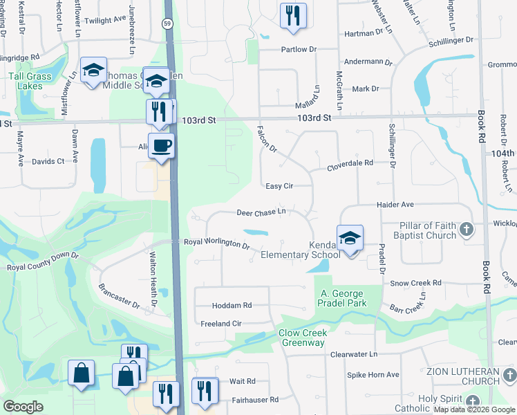map of restaurants, bars, coffee shops, grocery stores, and more near 23752 Deer Chase Lane in Naperville