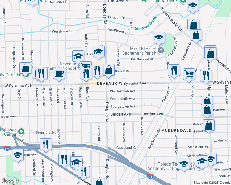 map of restaurants, bars, coffee shops, grocery stores, and more near 2423 Charlestown Avenue in Toledo