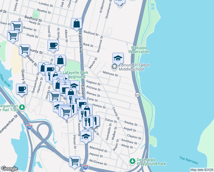map of restaurants, bars, coffee shops, grocery stores, and more near 824 County Street in Fall River