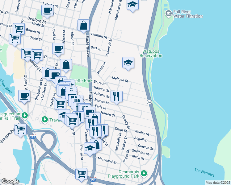 map of restaurants, bars, coffee shops, grocery stores, and more near 824 County Street in Fall River