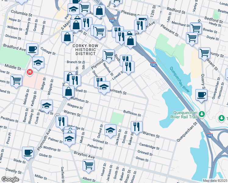 map of restaurants, bars, coffee shops, grocery stores, and more near 296 Snell Street in Fall River