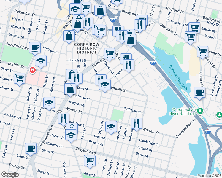 map of restaurants, bars, coffee shops, grocery stores, and more near 296 Snell Street in Fall River