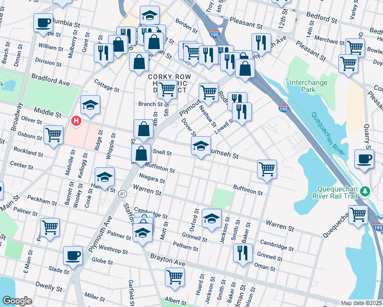 map of restaurants, bars, coffee shops, grocery stores, and more near 208 Snell Street in Fall River