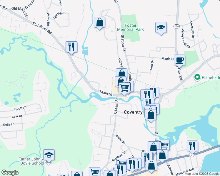 map of restaurants, bars, coffee shops, grocery stores, and more near 1197 Main Street in Coventry