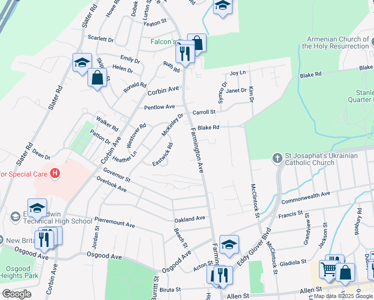 map of restaurants, bars, coffee shops, grocery stores, and more near 494 Farmington Avenue in New Britain