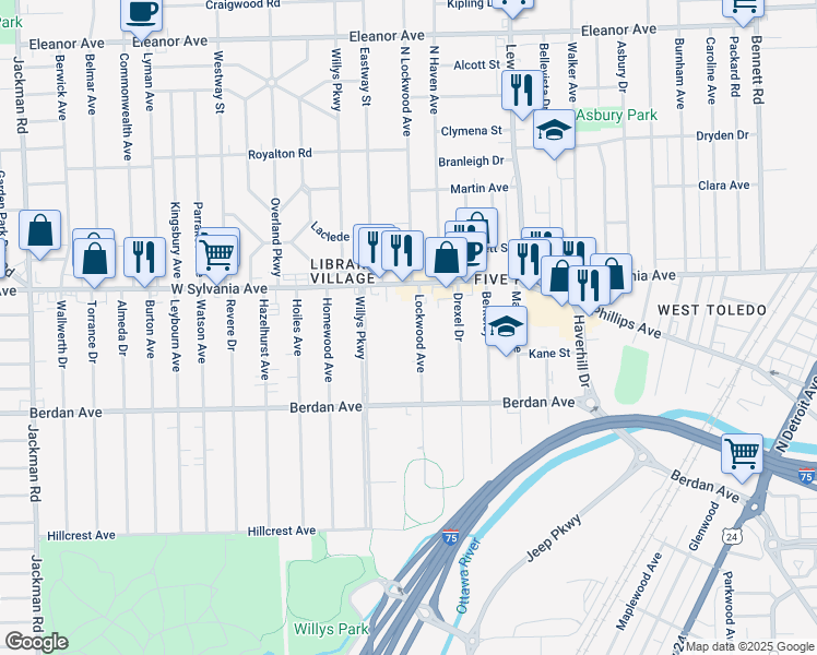 map of restaurants, bars, coffee shops, grocery stores, and more near 3909 Lockwood Avenue in Toledo