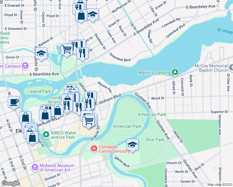 map of restaurants, bars, coffee shops, grocery stores, and more near 906 East Jackson Boulevard in Elkhart