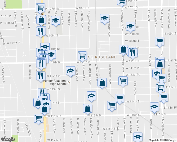 map of restaurants, bars, coffee shops, grocery stores, and more near 11153 South Normal Avenue in Chicago