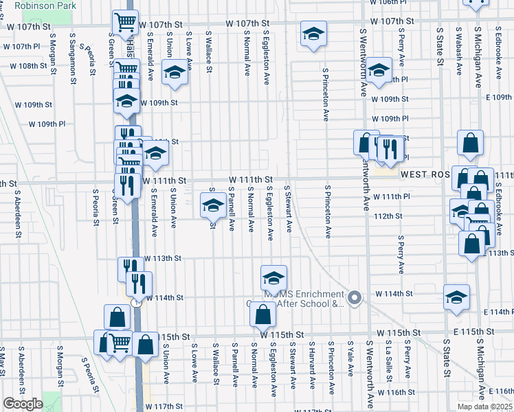 map of restaurants, bars, coffee shops, grocery stores, and more near 11153 South Normal Avenue in Chicago