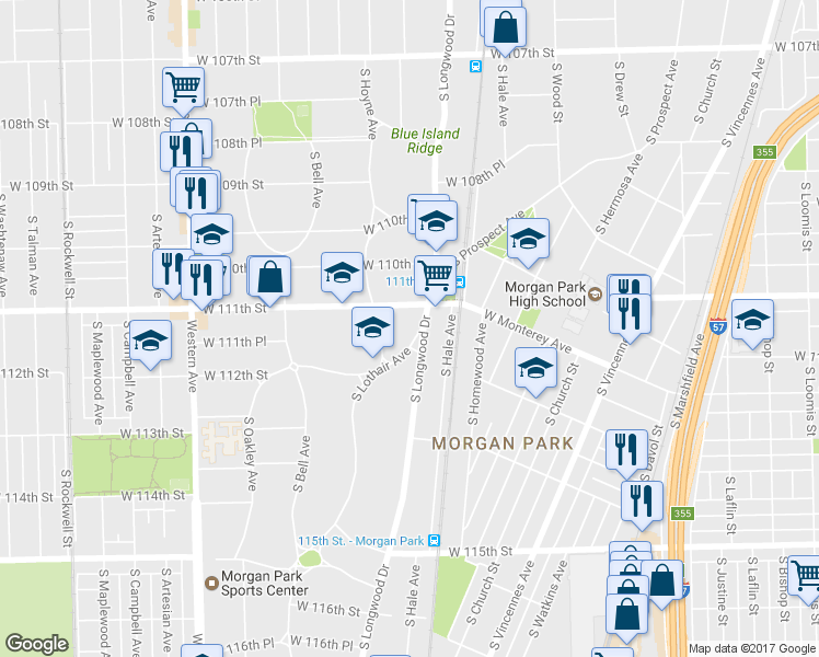map of restaurants, bars, coffee shops, grocery stores, and more near 11125 South Longwood Drive in Chicago