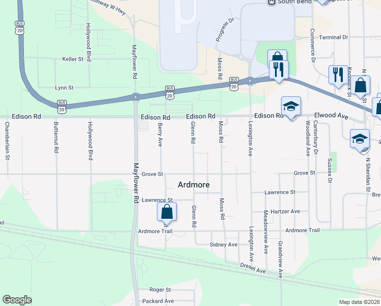map of restaurants, bars, coffee shops, grocery stores, and more near 55161 Glenn Road in South Bend