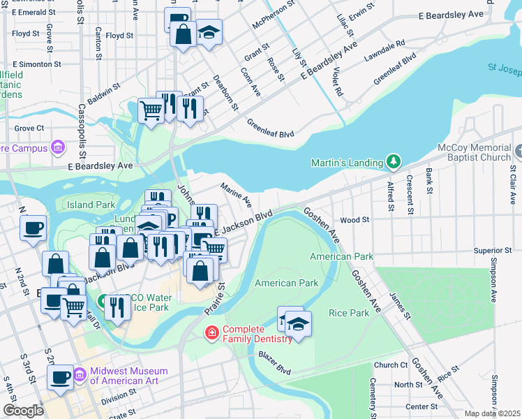map of restaurants, bars, coffee shops, grocery stores, and more near 906 East Jackson Boulevard in Elkhart