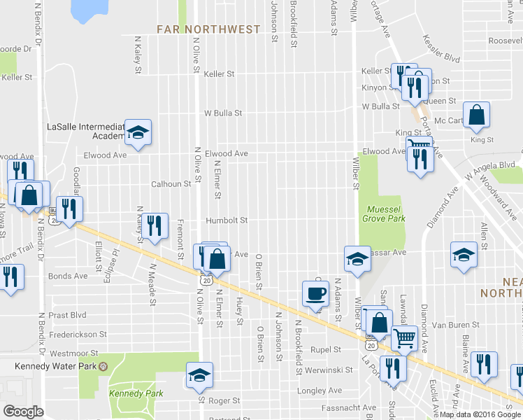 map of restaurants, bars, coffee shops, grocery stores, and more near 1214 Obrien Street in South Bend