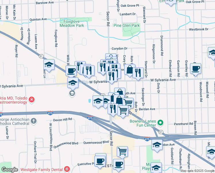 map of restaurants, bars, coffee shops, grocery stores, and more near 3923 Secor Road in Toledo