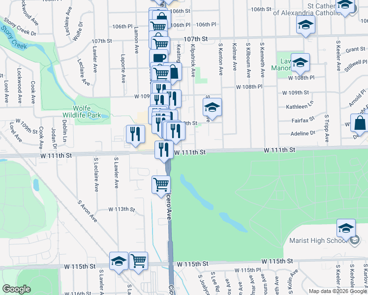 map of restaurants, bars, coffee shops, grocery stores, and more near 4700 West 111th Street in Oak Lawn