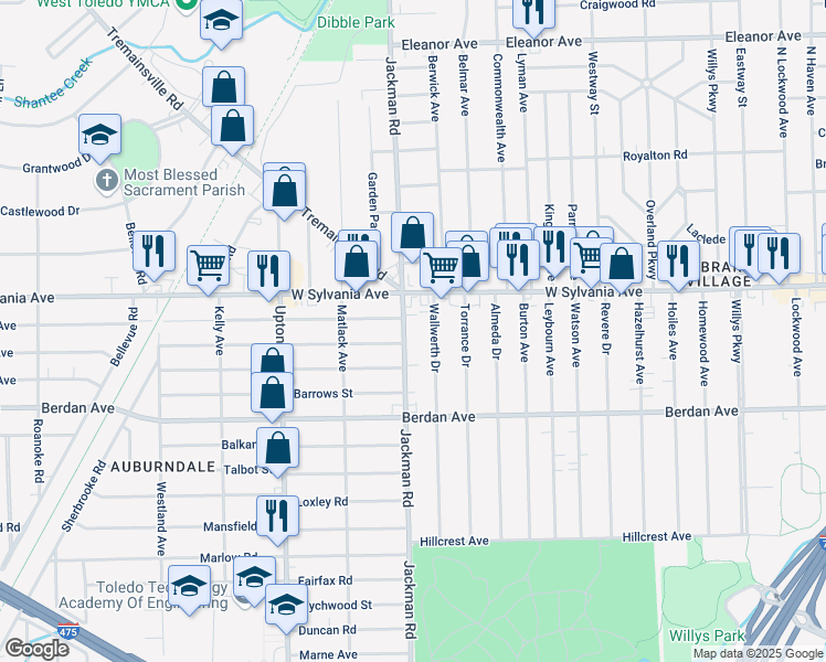 map of restaurants, bars, coffee shops, grocery stores, and more near 3922 Jackman Road in Toledo