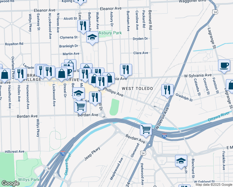 map of restaurants, bars, coffee shops, grocery stores, and more near 703 Phillips Avenue in Toledo