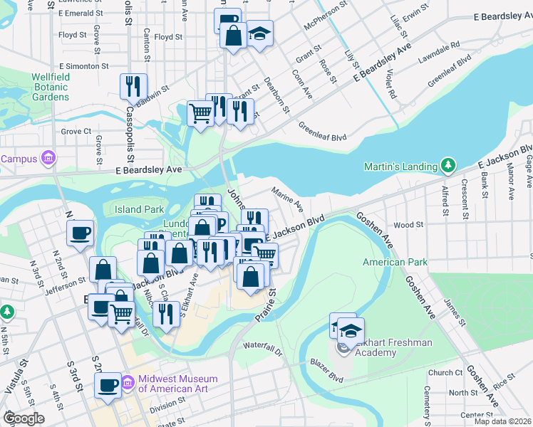 map of restaurants, bars, coffee shops, grocery stores, and more near 700 East Jackson Boulevard in Elkhart