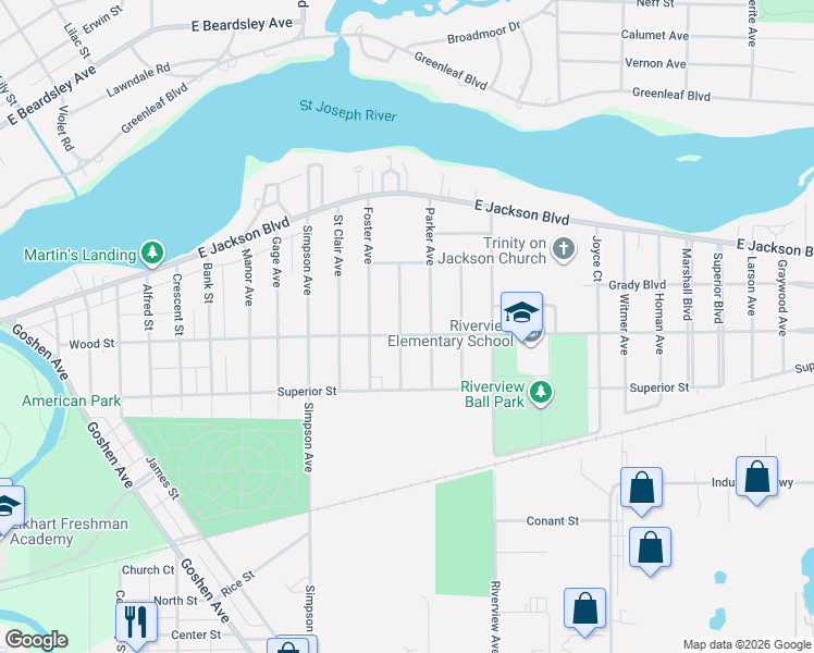 map of restaurants, bars, coffee shops, grocery stores, and more near 2201 Wood St in Elkhart