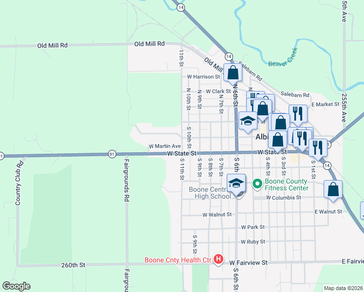map of restaurants, bars, coffee shops, grocery stores, and more near 1101 West Martin Avenue in Albion