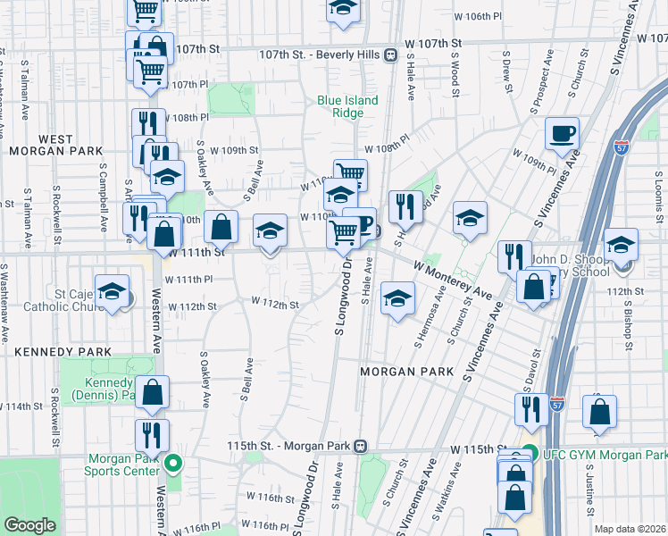 map of restaurants, bars, coffee shops, grocery stores, and more near 11116 South Longwood Drive in Chicago