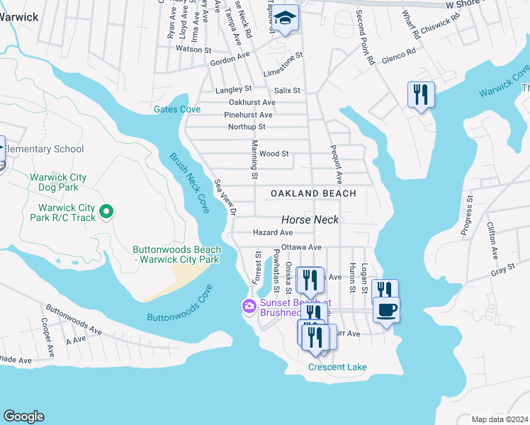 map of restaurants, bars, coffee shops, grocery stores, and more near 123 Wilson Avenue in Warwick