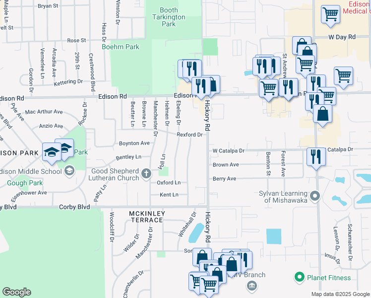 map of restaurants, bars, coffee shops, grocery stores, and more near 1147 Whitehall Drive in South Bend