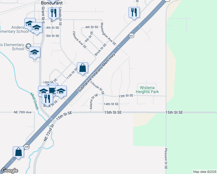 map of restaurants, bars, coffee shops, grocery stores, and more near 1205 Cove Street Southeast in Bondurant