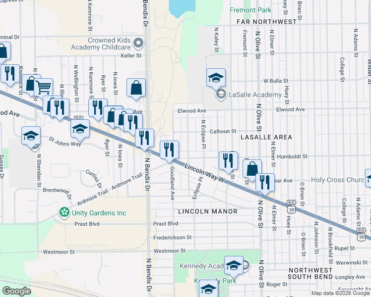 map of restaurants, bars, coffee shops, grocery stores, and more near 2909 Humboldt Street in South Bend
