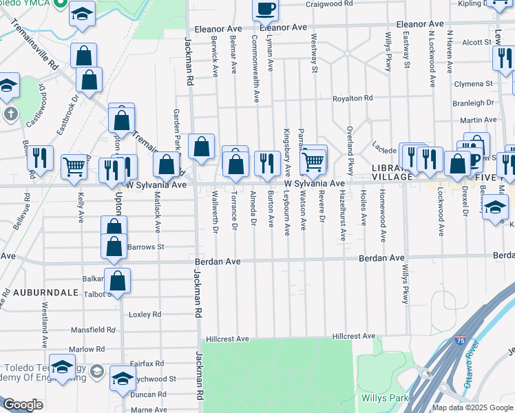 map of restaurants, bars, coffee shops, grocery stores, and more near 3930 Almeda Drive in Toledo