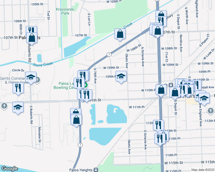 map of restaurants, bars, coffee shops, grocery stores, and more near 11023 South 76th Avenue in Worth