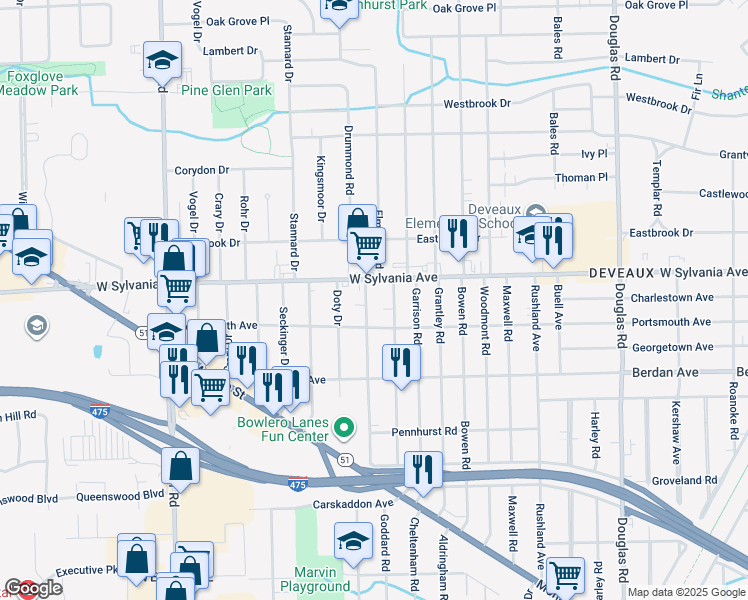 map of restaurants, bars, coffee shops, grocery stores, and more near 3930 Drummond Road in Toledo