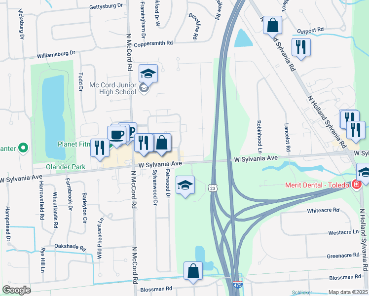 map of restaurants, bars, coffee shops, grocery stores, and more near 4030 Stonehenge Drive in Sylvania