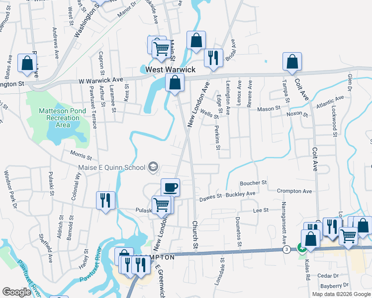map of restaurants, bars, coffee shops, grocery stores, and more near 1559 Main Street in West Warwick