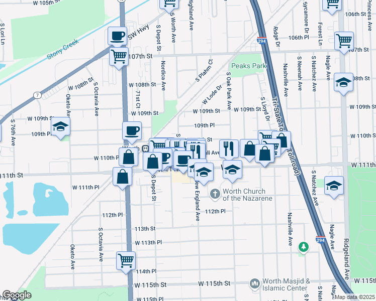 map of restaurants, bars, coffee shops, grocery stores, and more near 6932 West Crandall Avenue in Worth