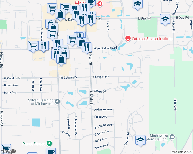 map of restaurants, bars, coffee shops, grocery stores, and more near 201 Catalpa Drive East in Mishawaka