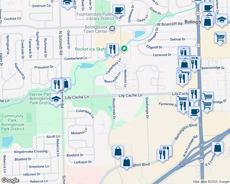 map of restaurants, bars, coffee shops, grocery stores, and more near in Bolingbrook