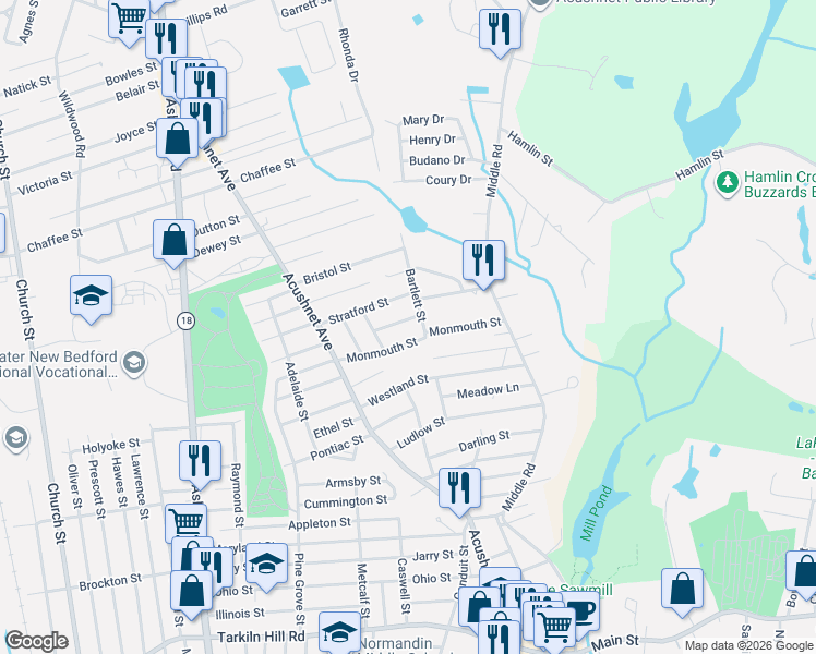map of restaurants, bars, coffee shops, grocery stores, and more near 923 Monmouth Street in New Bedford